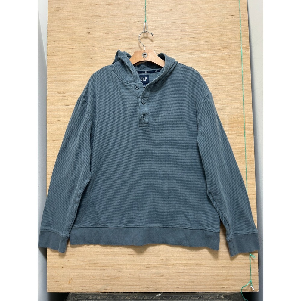 GAP Mens XL Waffle Knit Henley Hoodie Blue Gray Long Sleeve Textured Pullover